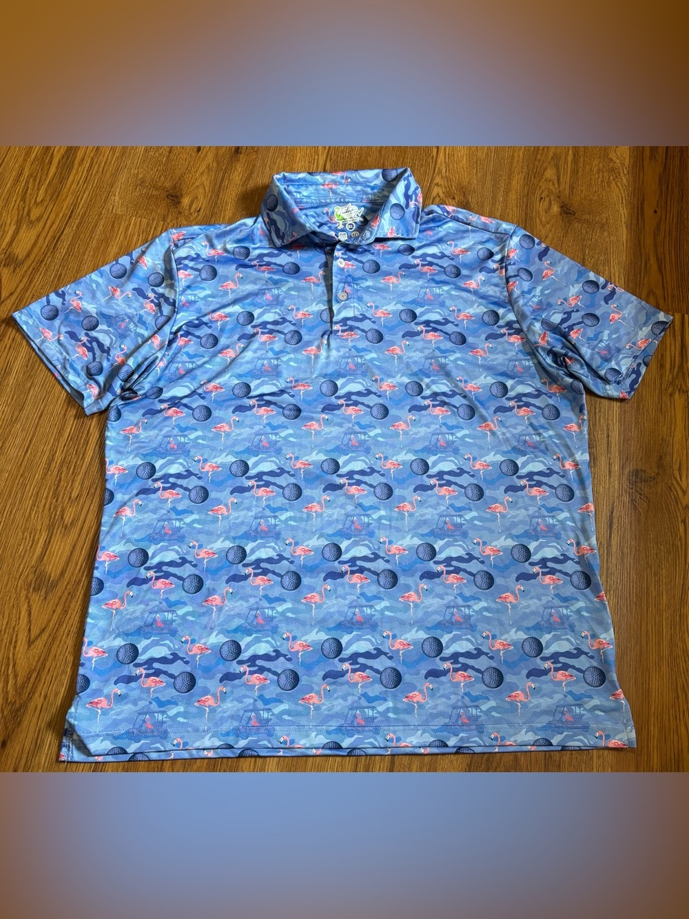 TailorByrd Men's XL Blue Flamingo Golf Ball Print Golf Polo Performance Shirt